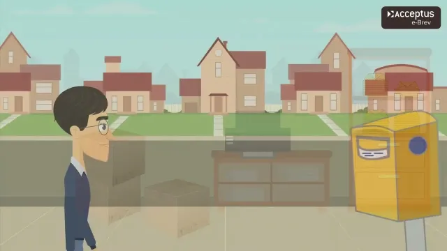 Stillbild ur den animerade filmen: en tecknad man med glasögon på en villagata, bredvid en gul brevlåda, med Acceptus e-Brev-loggan i hörnet.
