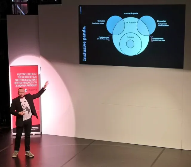 Foto: Sue Keogh: Per Axbom pekar på bilden ”Inclusive panda”: ett diagram över inkluderade, deltagare, icke-deltagare, exkluderade och oönskade.