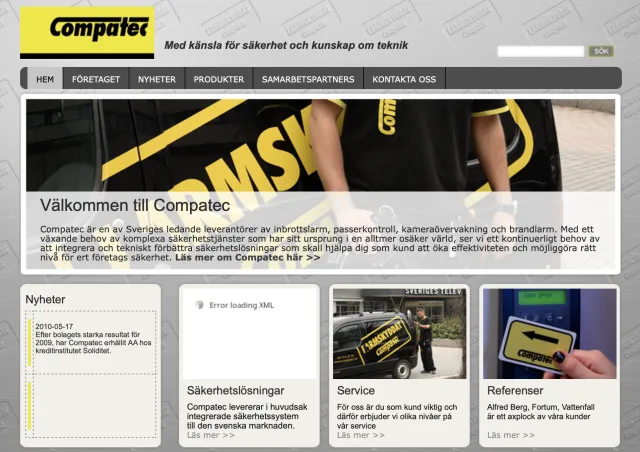 Skärmbild av webbplatsen jag byggde åt Compatec, compatec.se i augusti 2010, så som den är sparad i Internet Archive – där laddas inte allt innehåll, och en av rutorna visar bara ”Error loading XML”: Compatecs gula logotyp och slogan ”Med känsla för säkerhet och kunskap om teknik”, en meny (Hem, Företaget, Nyheter, Produkter, Samarbetspartners, Kontakta oss) och en stor bild av en servicetekniker vid en svart bil märkt ”Larmskyddat”, med texten ”Välkommen till Compatec”. Under: en nyhet från 2010-05-17 och rutorna Säkerhetslösningar, Service och Referenser.
