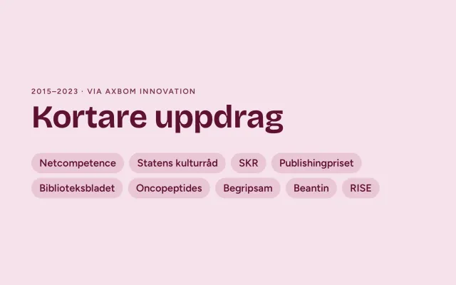 Ett formgivet omslag i rosa: ”Kortare uppdrag”, 2015–2023, med uppdragsgivarna som etiketter: Netcompetence, Statens kulturråd, SKR, Publishingpriset, Biblioteksbladet, Oncopeptides, Begripsam, Beantin och RISE.