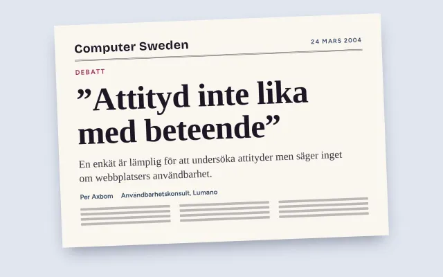 Ett formgivet omslag i stil med ett tidningsurklipp: ”Computer Sweden, 24 mars 2004, Debatt – ”Attityd inte lika med beteende””, med ingressen och Per Axboms byline.