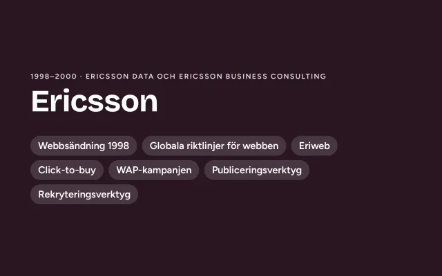 Ett formgivet omslag i mörk berry: ”Ericsson”, 1998–2000, Ericsson Data och Ericsson Business Consulting, med etiketter: webbsändningen 1998, globala riktlinjer för webben, Eriweb, Click-to-buy, WAP-kampanjen, publiceringsverktyg och rekryteringsverktyget.