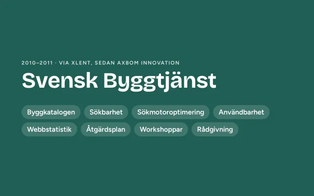 Ett formgivet omslag i grönt: ”Svensk Byggtjänst”, 2010–2011, via XLENT och sedan Axbom Innovation, med etiketter: Byggkatalogen, sökbarhet, sökmotoroptimering, användbarhet, webbstatistik, åtgärdsplan, workshoppar och rådgivning.