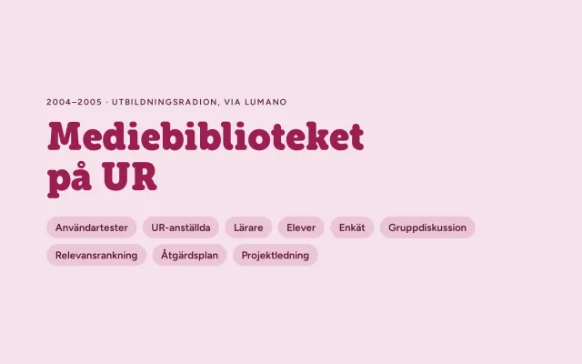 Ett formgivet omslag i rosa: ”Mediebiblioteket på UR”, 2004–2005, Utbildningsradion via Lumano, med etiketter: användartester, UR-anställda, lärare, elever, enkät, gruppdiskussion, relevansrankning, åtgärdsplan, projektledning.