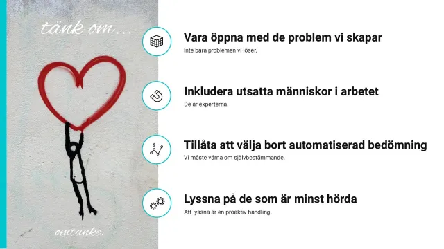 Tänk om – fyra måsten: En graffitifigur som håller i ett rött hjärta, med orden ”tänk om...” och ”omtanke”, bredvid fyra punkter: vara öppna med de problem vi skapar, inkludera utsatta människor i arbetet (de är experterna), tillåta att välja bort automatiserad bedömning, och lyssna på de som är minst hörda.