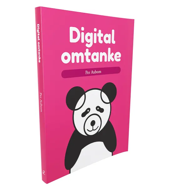 Boken Digital omtanke av Per Axbom: ett rosa omslag med en svartvit panda.