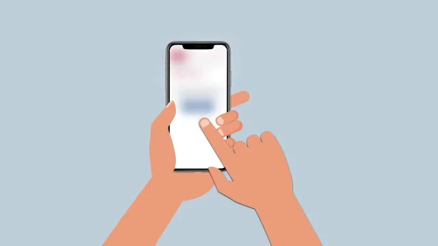 Steg 1 i instruktionsfilmen: under arbete: Utkastet: tecknade händer trycker på en telefon vars skärm fortfarande är en suddig platshållare, mot ljusblå bakgrund, ännu ingen text.