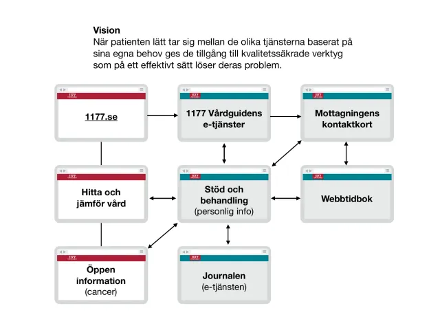 Visionen: När patienten lätt tar sig mellan tjänsterna utifrån sina egna behov får hen tillgång till kvalitetssäkrade verktyg som effektivt löser problemet.
