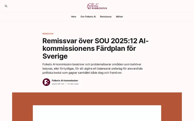 Skärmbild av folketsai.se: Folkets AI-kommissions logotyp ovanför rubriken ”Remissvar över SOU 2025:12 AI-kommissionens Färdplan för Sverige”, publicerad 4 juni 2025.
