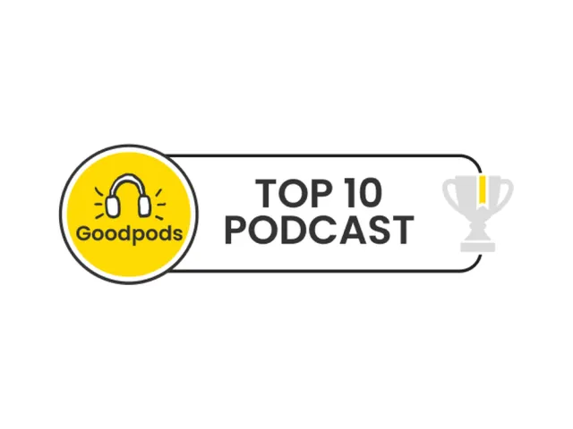 Goodpods: topp 10-podd: Goodpods utmärkelsemärke ”Top 10 Podcast”, med Goodpods hörlurslogga och en pokal.