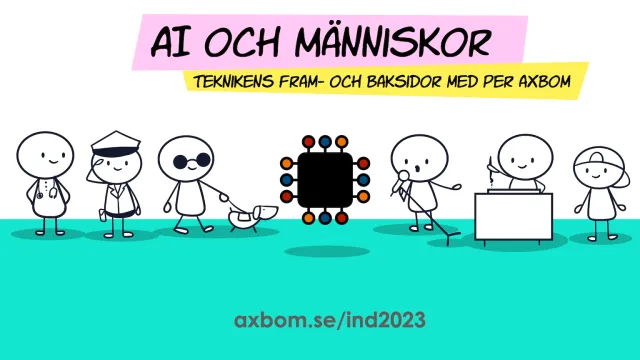 Titelbild: AI och människor – teknikens fram- och baksidor med Per Axbom. axbom.se/ind2023. Streckgubbar på rad: en läkare, en pilot, en person med synnedsättning och ledarhund, en AI-krets i mitten, en person som snubblar med en mikrofon, en person som skriver vid ett skrivbord och en person med keps.