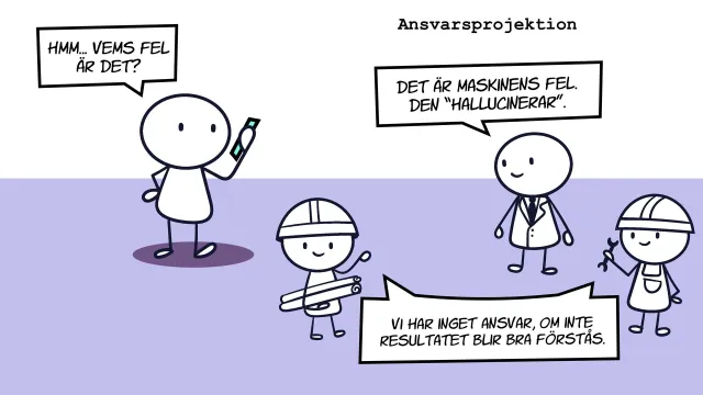 Ansvarsprojektion: ”Hmm… vems fel är det?” Chefen svarar: ”Det är maskinens fel. Den hallucinerar.” Utvecklarna: ”Vi har inget ansvar, om inte resultatet blir bra förstås.”