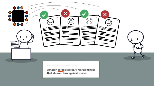 Fördomar i rekrytering: En AI sorterar CV:n med bockar och kryss. Rubrik: Amazon scraps secret AI recruiting tool that showed bias against women.