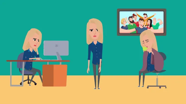 Stillbild ur den animerade filmen ”Josefin och energin”: Josefin visas tre gånger på ett kontor – trött vid datorn, stående med trött blick och nedsjunken i en stol – bredvid en skärm med en glad grupp människor.