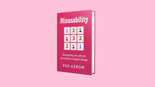 Misusability – navigating the ethical minefield of digital design: Omslaget till den planerade boken, en rosa bok med ett rutnät av siffror som i spelet Minröj. Boken blev aldrig färdig.