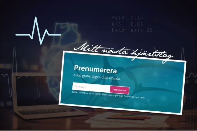 En pulskurva och värden från en hjärtmonitor över ett dunkelt skrivbord med en laptop. Framför syns nyhetsbrevets prenumerationsruta: ”Mitt nästa hjärtslag. Prenumerera. Alltid gratis. Ingen dold agenda. Essäer varannan vecka. 2000+ läsare. Ingen spårning. Avsluta när som helst.”
