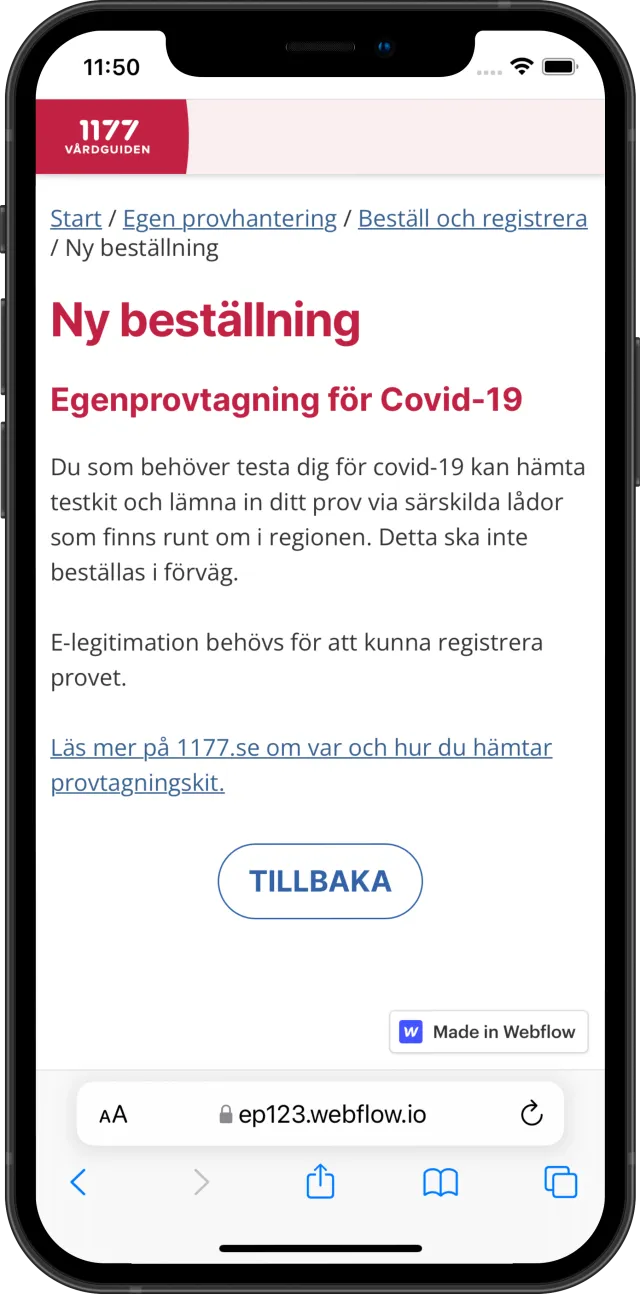 Egen provhantering, Ny beställning: Webflow-prototypen i en telefon: beställning av egentest för covid-19.