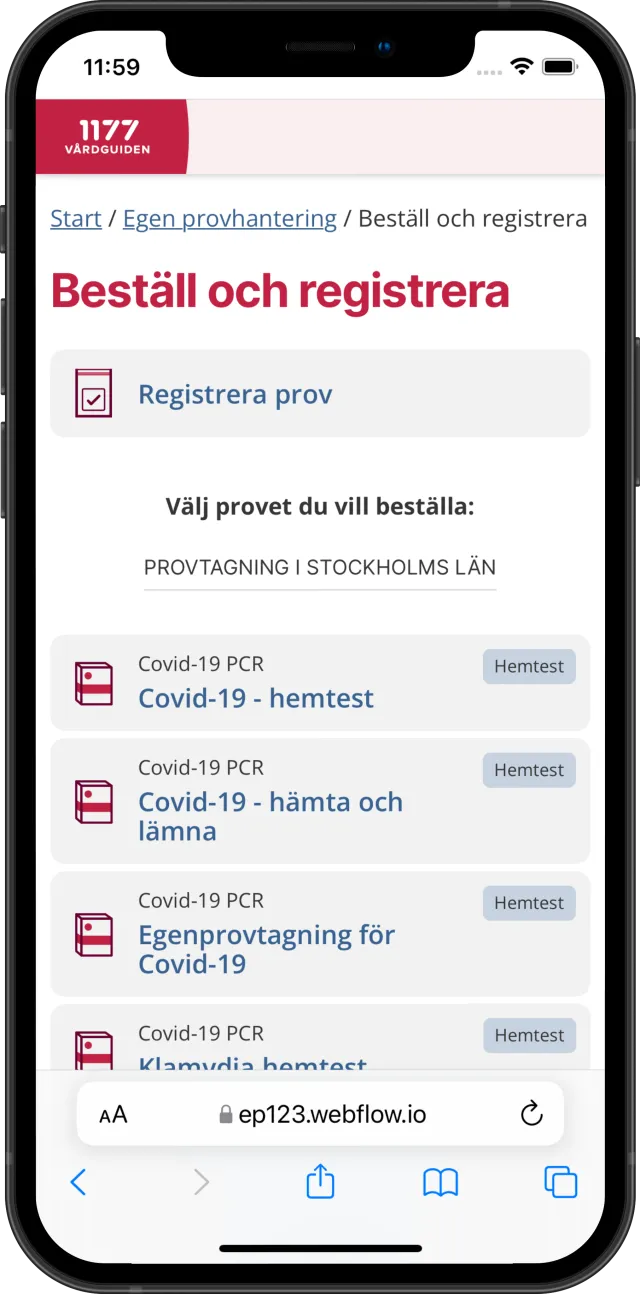 Egen provhantering, Beställ och registrera: Val av vilket prov man vill beställa eller registrera.