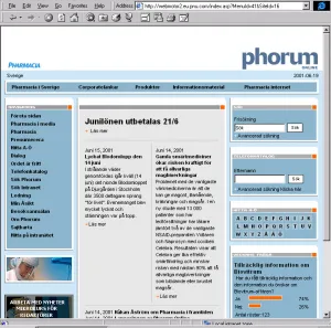Phorums startsida, juni 2001 – bild: Lumano (CC BY-SA): Skärmdump av Pharmacias intranät Phorum i juni 2001: en blå och grå sida med logotyperna för Pharmacia och phorum, en meny till vänster, nyheter i mitten och en omröstning till höger.