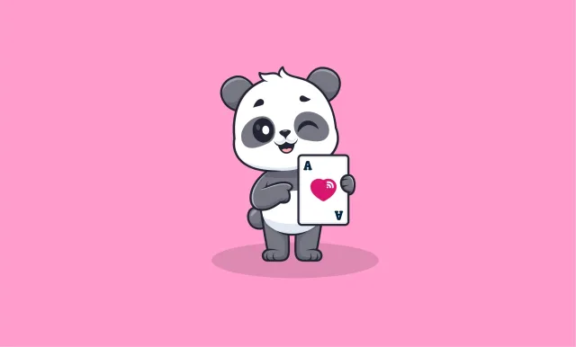 En tecknad panda mot rosa bakgrund som blinkar och pekar på ett spelkort den håller upp: ett ess med ett rosa hjärta i mitten.