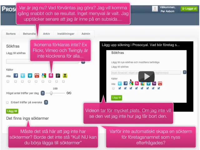 Granskning: komma igång: Första vyn efter inloggning, med kommentarer: Var är jag? Vad förväntas jag göra? Ikonerna förklaras inte, videon tar för mycket plats, och varför inte automatiskt skapa en sökterm för företagsnamnet?