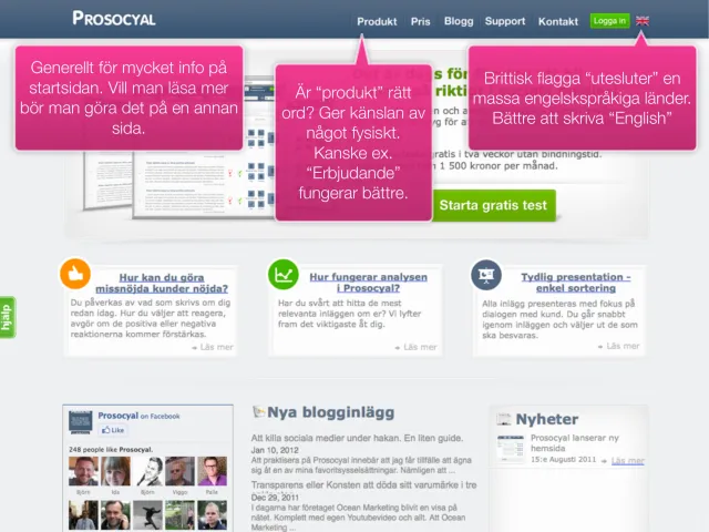 Skärmbild av Prosocyals startsida med Pers rosa kommentarer: för mycket information, är ”Produkt” rätt ord, den brittiska flaggan utesluter många engelskspråkiga länder, och sajten är ”en orgie i ikoner”.
