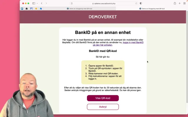 The solution: instructions first: The page BankID på en annan enhet (BankID on another device): the instructions to read in peace, a note that you have 30 seconds once you choose to show the QR code, and a Visa QR-kod (Show QR code) button. No QR code and no time limit yet.