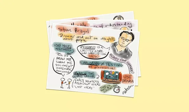 UXLx 2012: den första samlingen: En hög med sketchnotes mot gul bakgrund. Överst: Steve Portigal, ”Discover and act on insights about people” – ”Use many methods”, ”Research is a limiting word, we create the new”, ”Exploring ≠ testing, be provocative!”, ”Broaden the source groups: early adopters, adjacent users, ‘lost users’”, ”Use drama”, ”Time is not a limitation”.