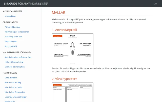 Mallar: Sidan ”Mallar”, med mallar för planering och dokumentation av användningstester. Synliga är 1. Användarprofil – en figur omgiven av frågorna Vem?, Var kommer de från?, Vart är de på väg?, Var är de nu? och Vad vill de göra nu? – och början på 2. Våra hypoteser, med kolumnerna Människa, Verksamhet och Teknik.