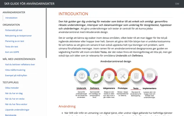 Startsidan i SKR Guide för användarinsikter: rubriken ”Introduktion”, en ingress om att guiden ger underlag för metoder för undersökningar, intervjuer och datainsamlingar inför designbeslut, hypoteser och utvärderingar, och en illustration av användarcentrerad design i sex steg – Undersök, Definiera, Idégenerera, Prototypa, Testa, Implementera. Till vänster menyn: Organisation (Förberedd på test, Rekrytering av testpersoner, Planering av en test, Testa din test, Kort om GDPR), Mål med undersökningen och Testupplägg (Olika metoder, När du har en dag, en vecka, flera veckor, Löpande undersökningar, Bemötande).
