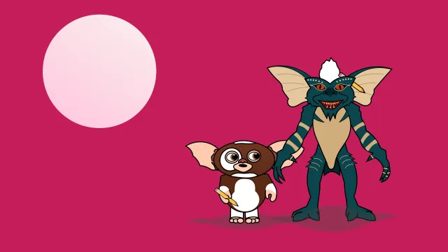 Titelbild: Pers egna teckningar av Gremlins-figurerna Gizmo och Stripe mot hallonröd bakgrund.