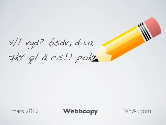 Webbcopy 2012: titelbild: Titelbild: ”mars 2012 · Webbcopy · Per Axbom”, med en blyertspenna och en rad sms-språk i handstil: ”H! vgd? bsdv, d va 7kt ql å cs!! pok”.