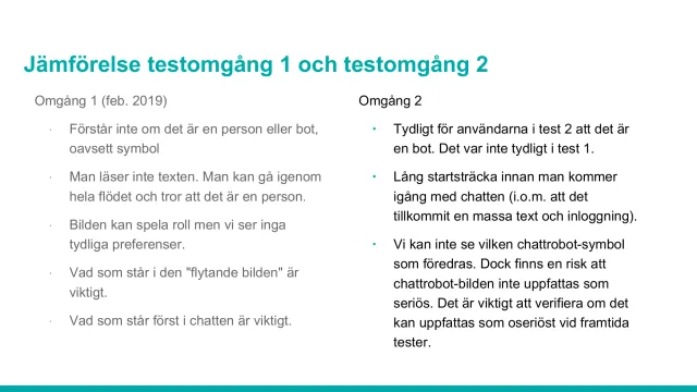 Omgång 1 jämfört med omgång 2: Jämförelse av testomgångarna: i februari kunde användarna inte avgöra om de pratade med en person eller en bot; i mars var det tydligt att det var en bot, men startsträckan hade blivit lång.