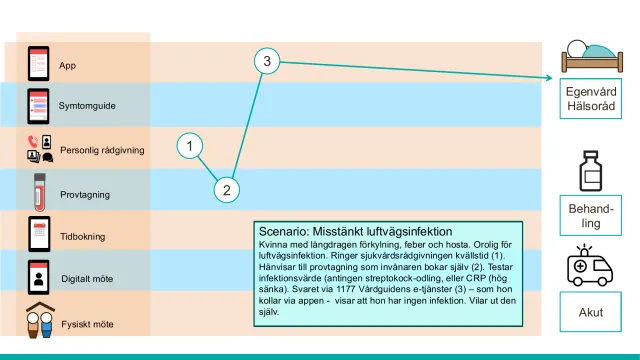 En användarresa genom tjänsterna: Scenario ”misstänkt luftvägsinfektion”: en kvinna med långdragen förkylning ringer sjukvårdsrådgivningen, hänvisas till provtagning som hon bokar själv, och får svaret via 1177 Vårdguidens e-tjänster – ingen infektion, vila hemma.