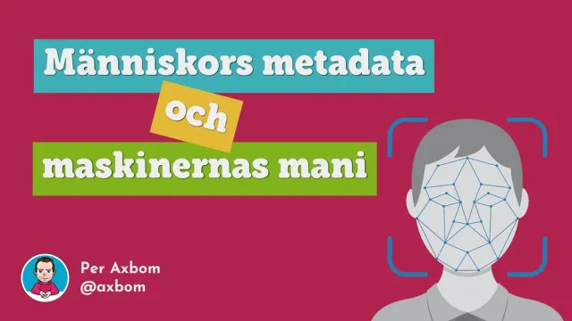 Titelbild: ”Människors metadata och maskinernas mani” på gula och gröna etiketter mot berry, bredvid ett ansikte med ett ansiktsigenkänningsnät, och Pers avatar.