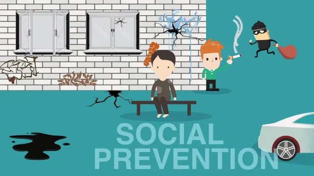 Filmbild: social prevention: En nedgången skolgård med krossade fönster, klotter och skräp, ungdomar på en bänk och en inbrottstjuv som springer förbi – under rubriken ”Social prevention”.