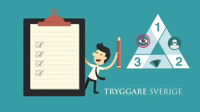 Filmbild: en checklista för prevention: En figur bockar av en checklista bredvid brottstriangeln, signerat Tryggare Sverige.