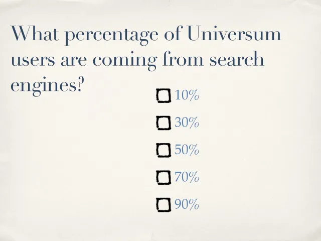 En fråga till publiken: ”What percentage of Universum users are coming from search engines?”, med kryssrutor för 10, 30, 50, 70 och 90 procent.