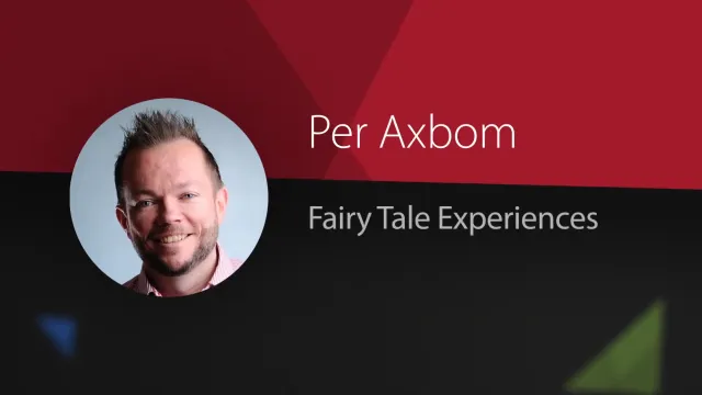 Titelbild från UXLx:s inspelning: Titelbild från UXLx: ett runt porträtt av en leende Per Axbom, med texten ”Per Axbom – Fairy Tale Experiences” mot röd och svart bakgrund.