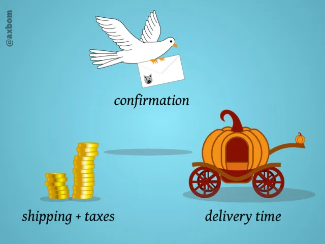Det hon fick veta efteråt: En duva med ett brev, ”confirmation”, staplar av guldmynt, ”shipping + taxes”, och en pumpavagn, ”delivery time”.