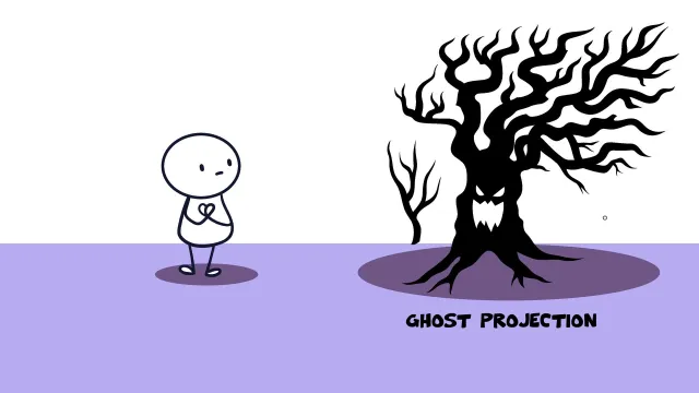 Spökprojektion: En streckgubbe framför ett mörkt, knotigt träd vars form liknar ett ansikte – med texten ”Ghost projection”.