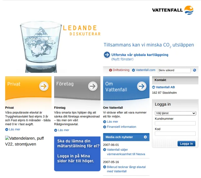 vattenfall.se i juni 2007, den nya webbplatsen som Per kvalitetssäkrade: ett glas isvatten bredvid kampanjen ”Ledande diskuterar”, rubriken ”Tillsammans kan vi minska CO2-utsläppen”, ingångar för privat, företag och om Vattenfall, och en inloggningsruta.