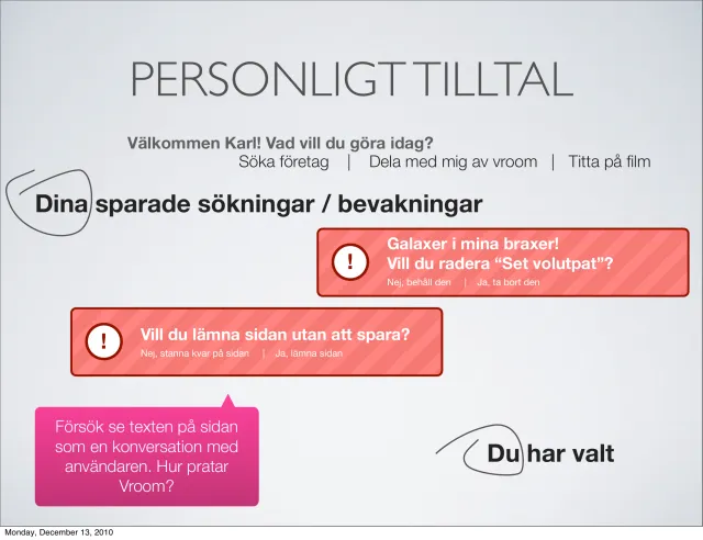 Bilden ”Personligt tilltal”: den inloggade sidan hälsar ”Välkommen Karl! Vad vill du göra idag?”, och den röda bekräftelsedialogen säger ”Galaxer i mina braxer! Vill du radera ’Set volutpat’?”. Pers anteckning: försök se texten på sidan som en konversation med användaren – hur pratar Vroom?