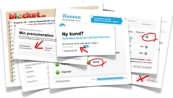 Ett collage av skärmbilder på svenska webbformulär – Blocket, Com Hem och andra – med Pers röda tuschringar och pilar vid förvirrande fält och knappar.