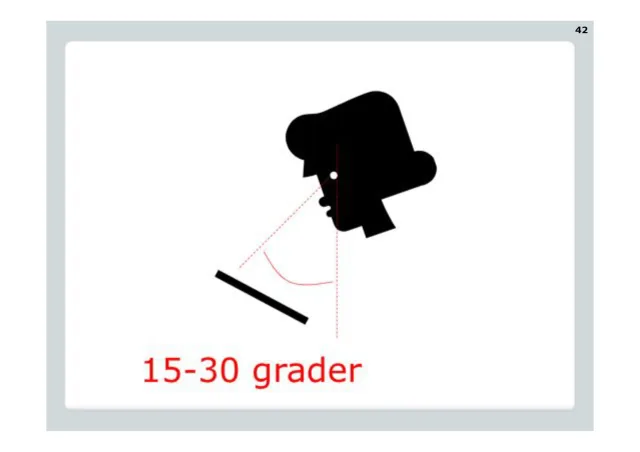 Läsvinkel: 15–30 grader: En siluett som tittar ner på ett papper, i en vinkel på 15–30 grader.