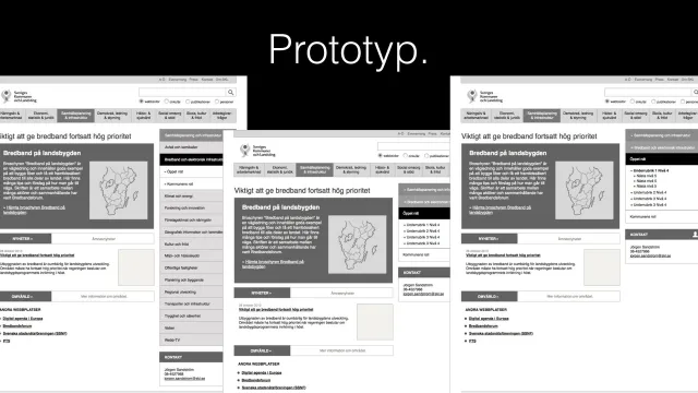 Prototype: Three greyscale wireframes of the same article page on skl.se, with the heading “Viktigt att ge bredband fortsatt hög prioritet” (Important to keep broadband a high priority) and a map of Sweden.