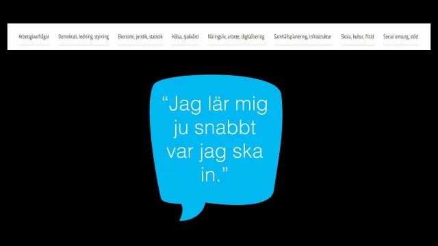 “I learn quickly where to go.”: SKL’s main menu at the top, and a blue speech bubble with the quote from one of the interviews: “Jag lär mig ju snabbt var jag ska in.” (I learn quickly where to go.)