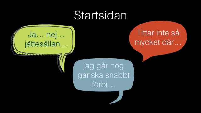 The start page: The heading Startsidan (The start page) and three speech bubbles from the interviews: “Ja… nej… jättesällan…” (Yes… no… very rarely…), “jag går nog ganska snabbt förbi…” (I probably go past it quite quickly…) and “Tittar inte så mycket där…” (Don’t look there much…).