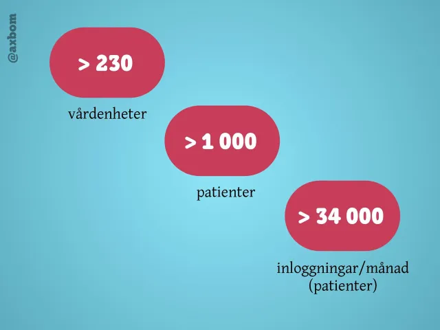 The results in autumn 2016: Three red bubbles: more than 230 care units, more than 1,000 patients and more than 34,000 logins a month (patients).