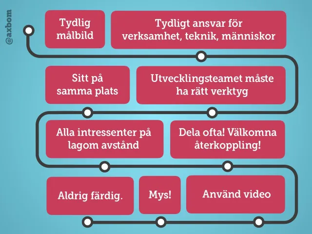 Nine lessons: A winding road with nine signs: a clear target picture; clear responsibility for organization, technology and people; sit in the same place; the development team must have the right tools; all stakeholders at the right distance; share often, welcome feedback; never finished; make it cosy; use video.
